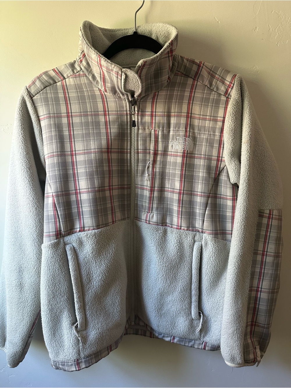 The North Face Light Gray Plaid Fleece Jacket with Pink Accent